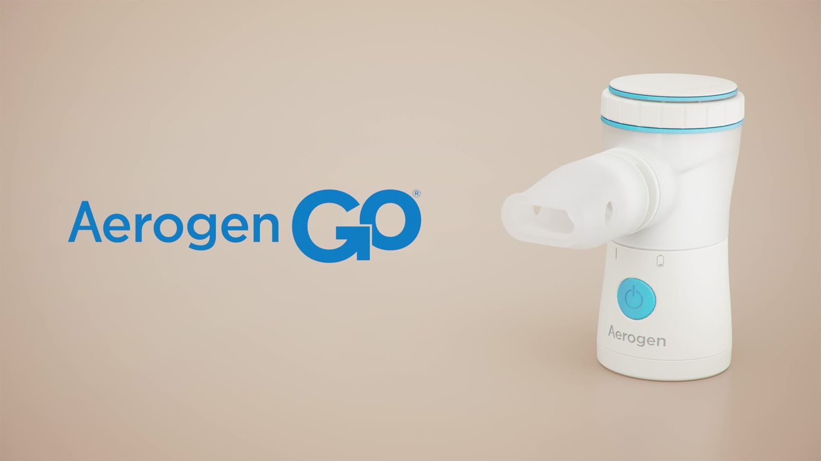 Aerogen Go device beside its logo, from the 3D product film