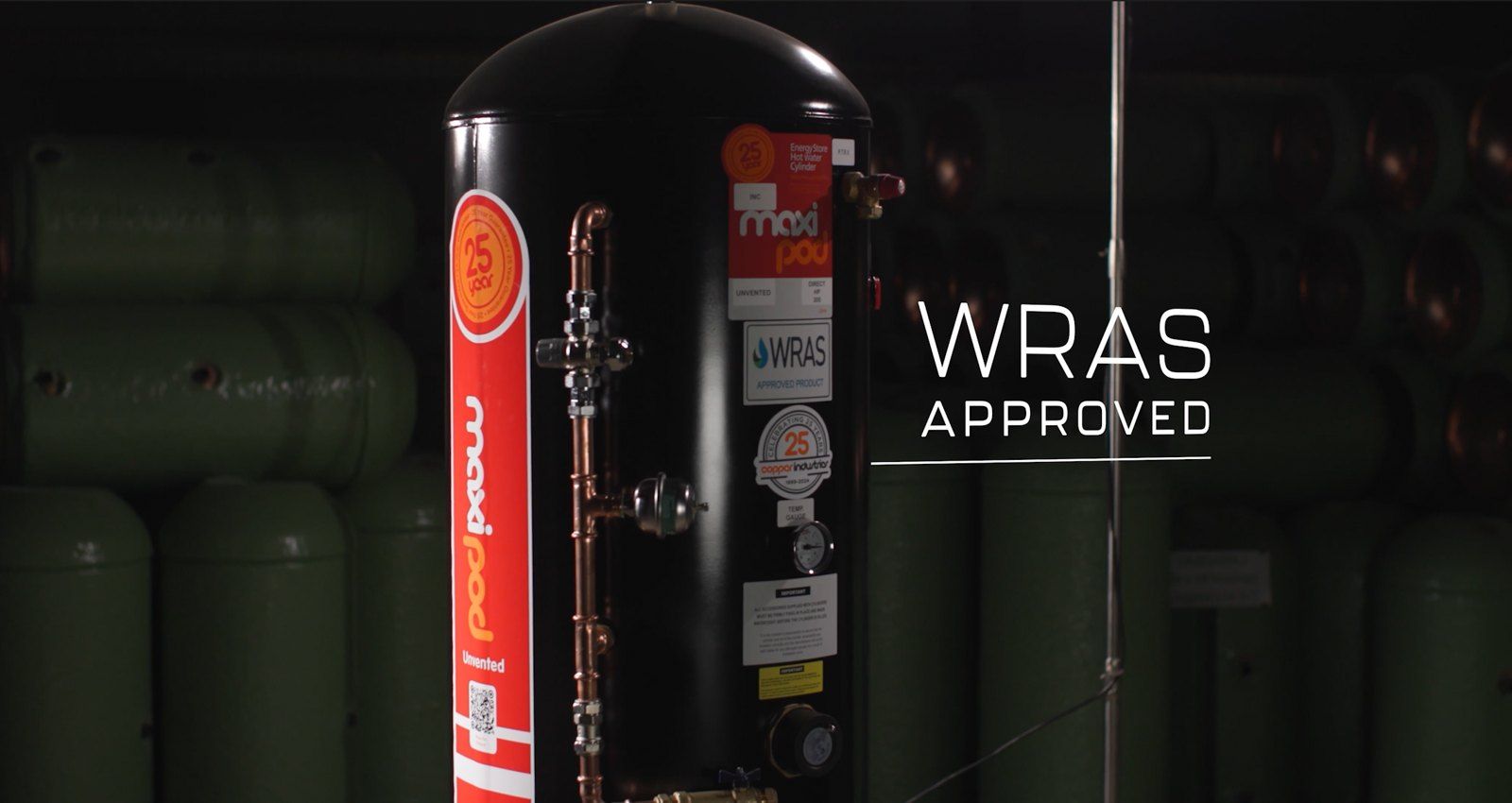 Filmed shot of a MaxiPod cylinder with WRAS Approved caption