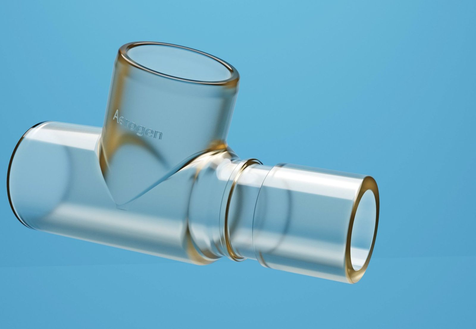 Hero 3D render of the clear TPS-S T-piece on brand blue